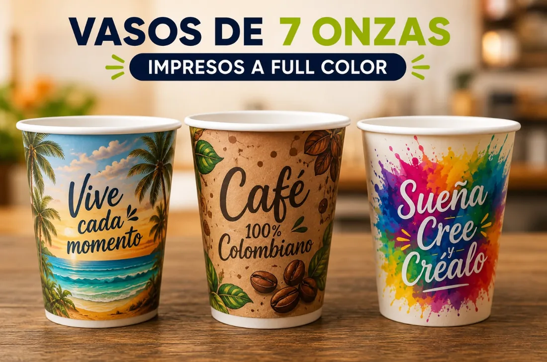 Vasos de cartón de 7 onzas impresos a full color para bebidas calientes y frías en el Quindío